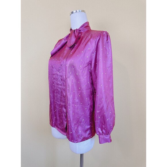 1980s Hanae Mori Tops Silky Blouse / 80s Magenta Pleated Ascot Star Print Small - Picture 3 of 7